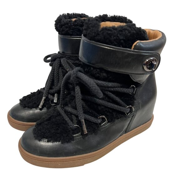 Coach wedge boots Monroe Shearling size 8 black leather high heel booties - Picture 3 of 16